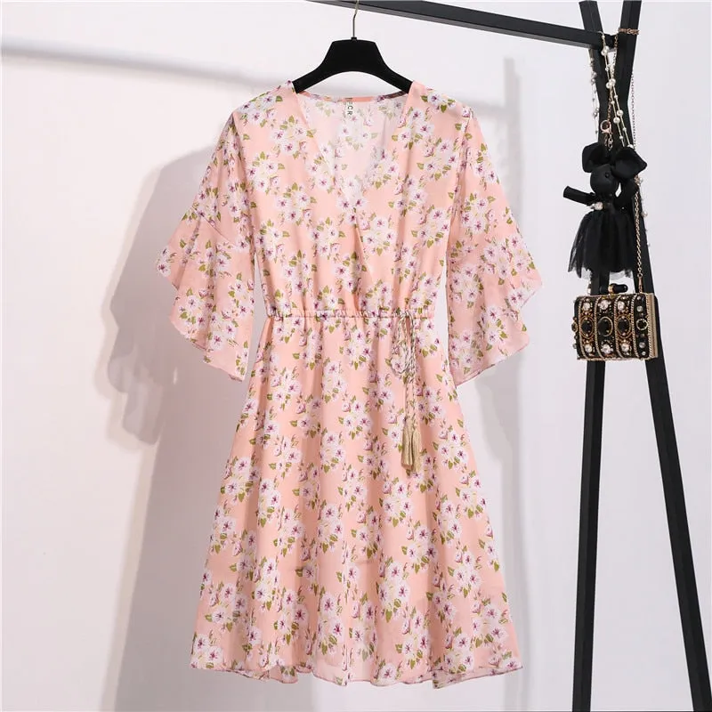 Women Knee Length V-Neck Print Sweet Ruffle Drawstring Dress