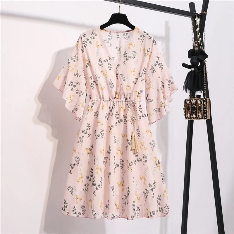 Women Knee Length V-Neck Print Sweet Ruffle Drawstring Dress