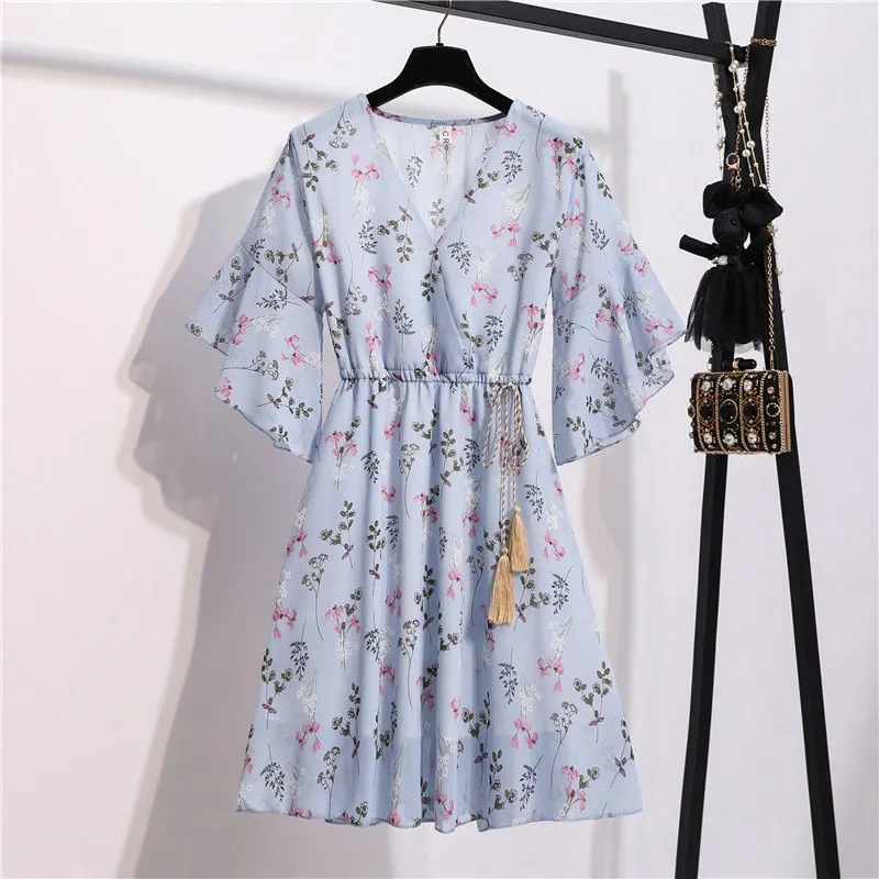 Women Knee Length V-Neck Print Sweet Ruffle Drawstring Dress