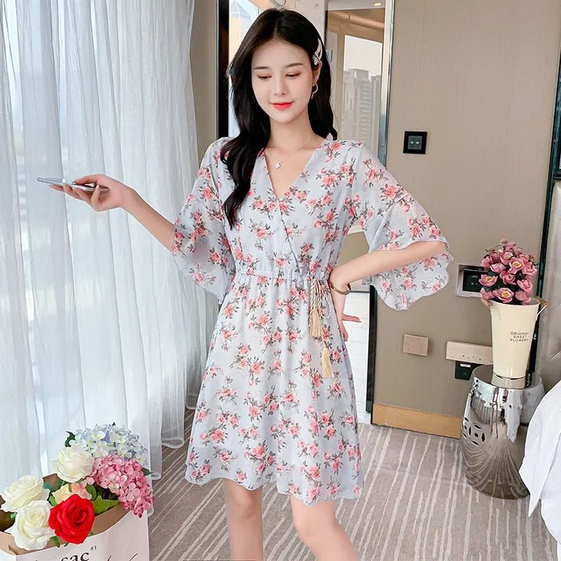 Women Knee Length V-Neck Print Sweet Ruffle Drawstring Dress