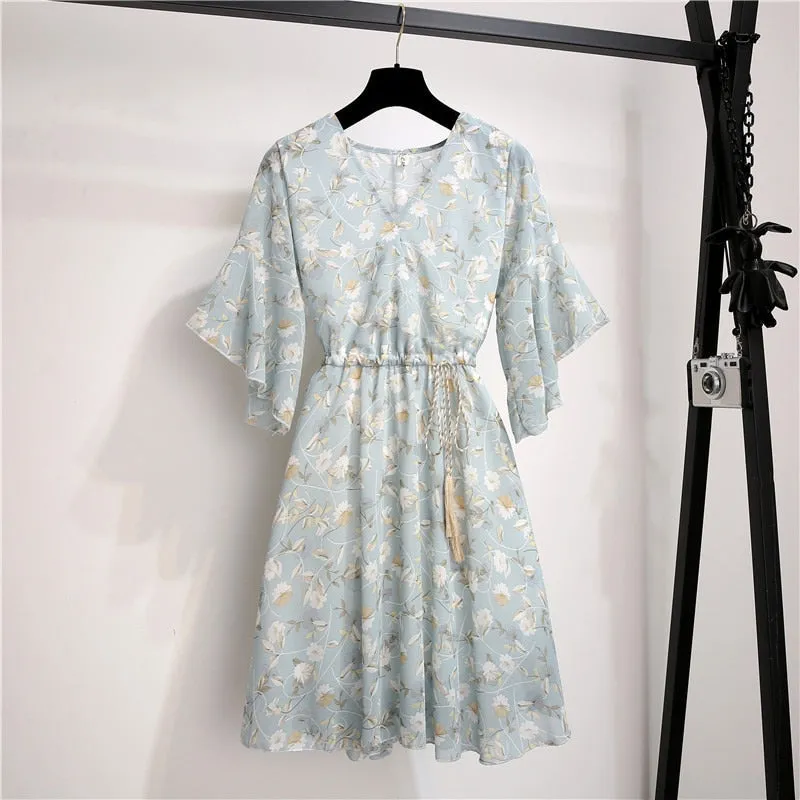 Women Knee Length V-Neck Print Sweet Ruffle Drawstring Dress