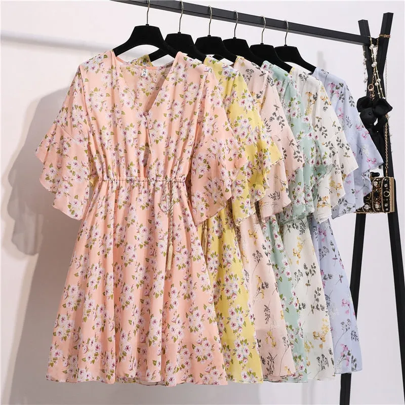 Women Knee Length V-Neck Print Sweet Ruffle Drawstring Dress