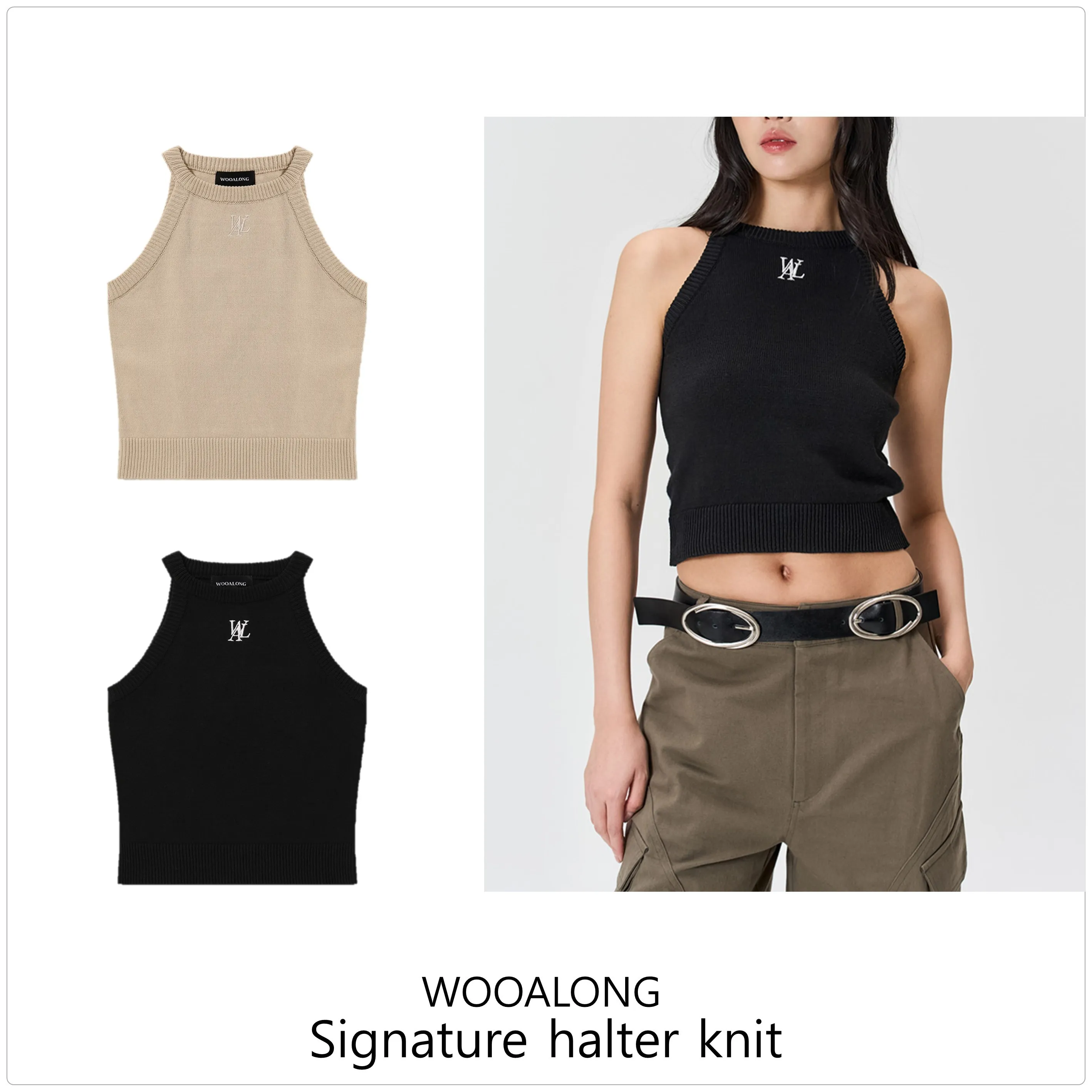 WOOALONG  |Sleeveless Halter Neck Street Style Plain Cotton Logo