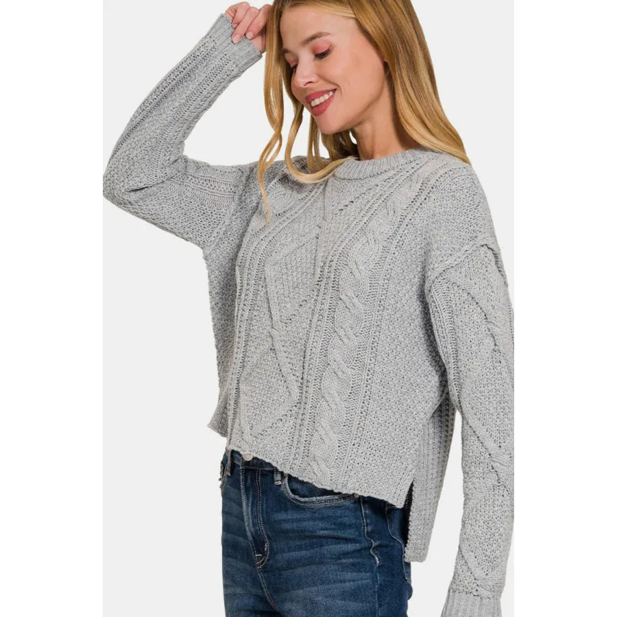 Zenana Cropped High Low Cable Sweater with Side Slits