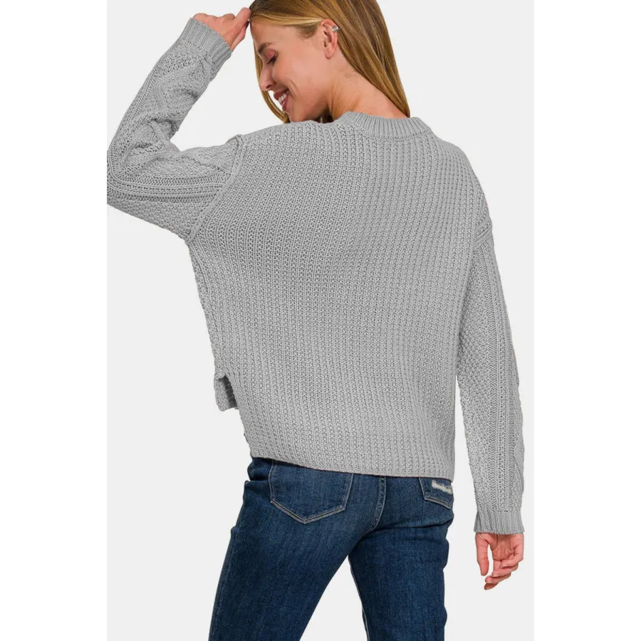 Zenana Cropped High Low Cable Sweater with Side Slits