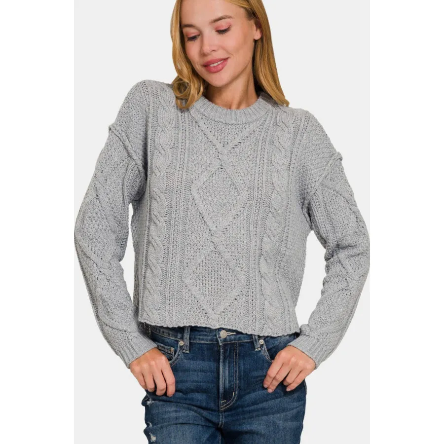 Zenana Cropped High Low Cable Sweater with Side Slits