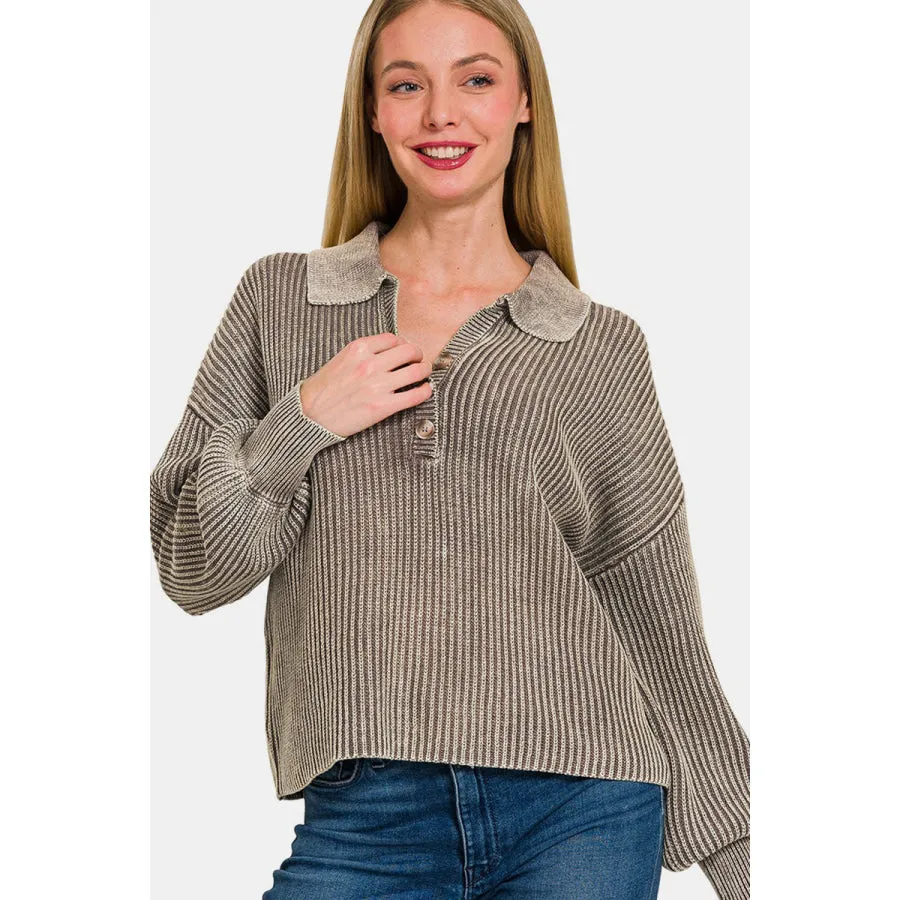 Zenana Washed Half Button Long Sleeve Sweater