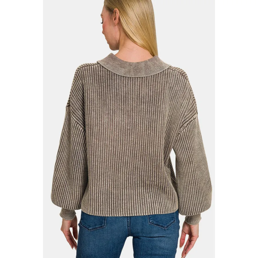 Zenana Washed Half Button Long Sleeve Sweater