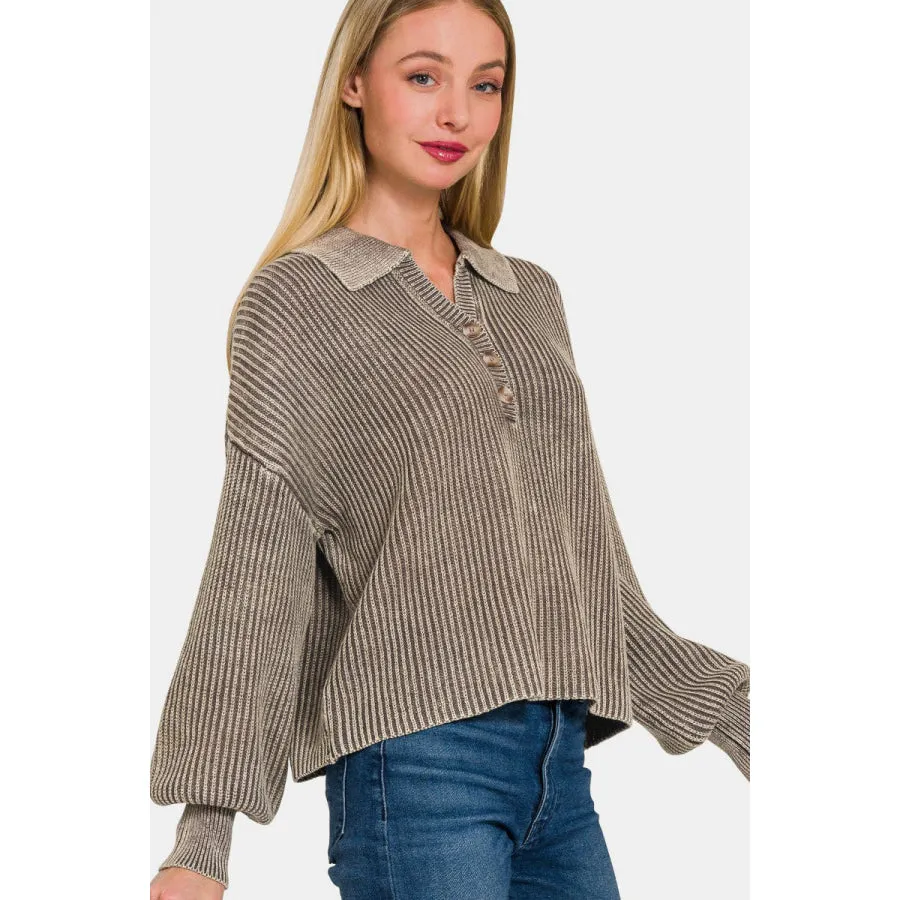 Zenana Washed Half Button Long Sleeve Sweater